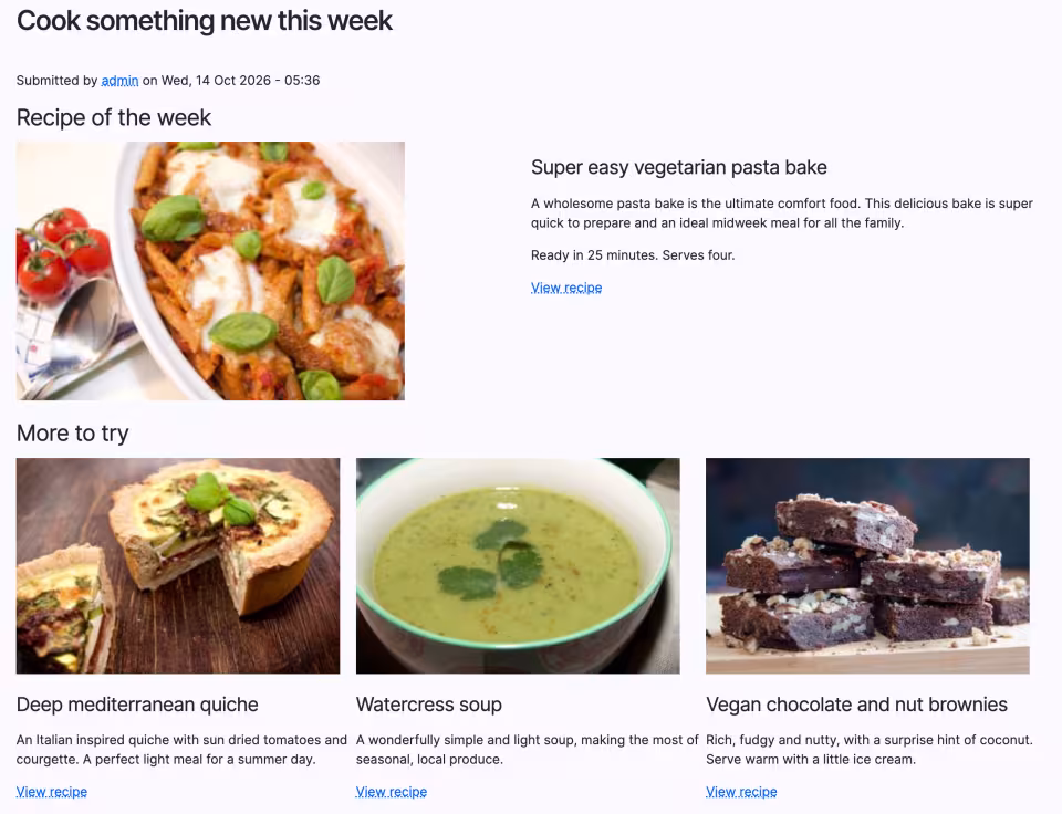The published recipe page built with Content Builder: a featured recipe beside its description, then three recipe cards.
