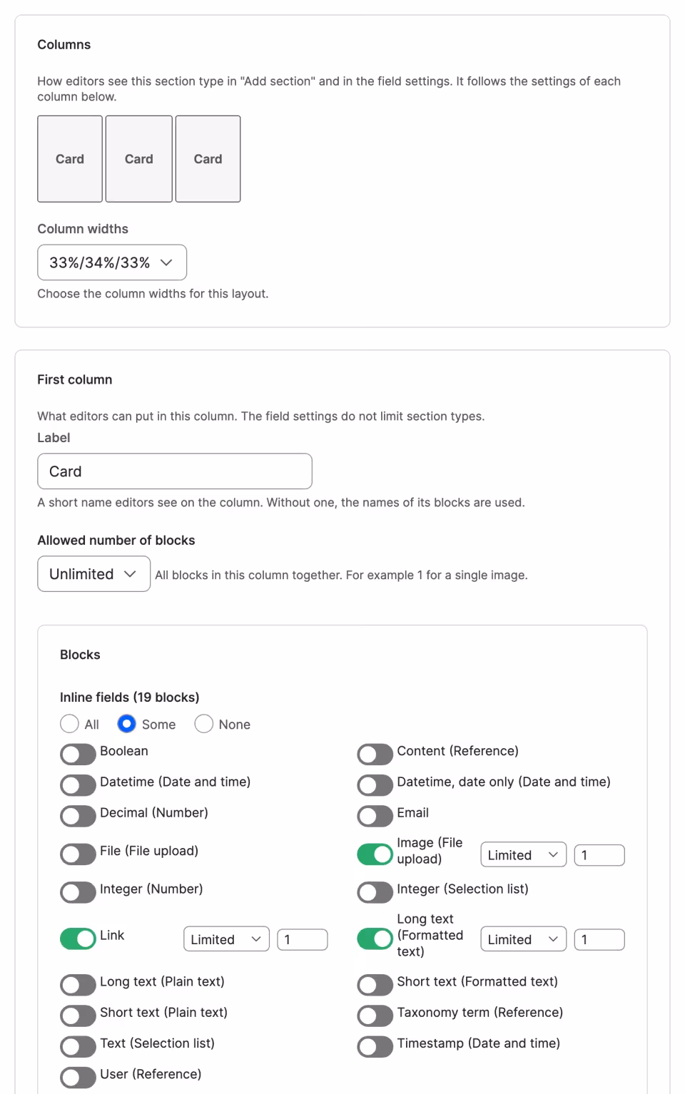 Editing a section type: column widths, a column label, a block limit and toggles for the allowed blocks.